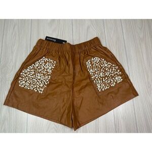 Reveuse Camel Faux Leather Pearl Embellished Elastic Waist Shorts Women's Size L